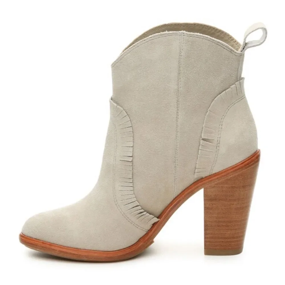 Joie Mathilde suede western ankle boots booties fringe gray off white 9.5